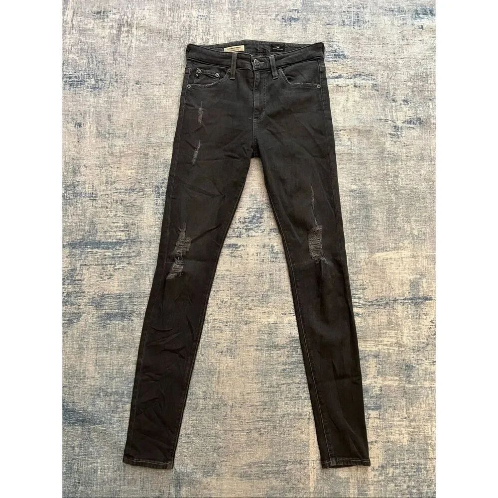 AG Adriano Goldschmied Distressed Black The Farrah Skinny High Rise Jeans 26R